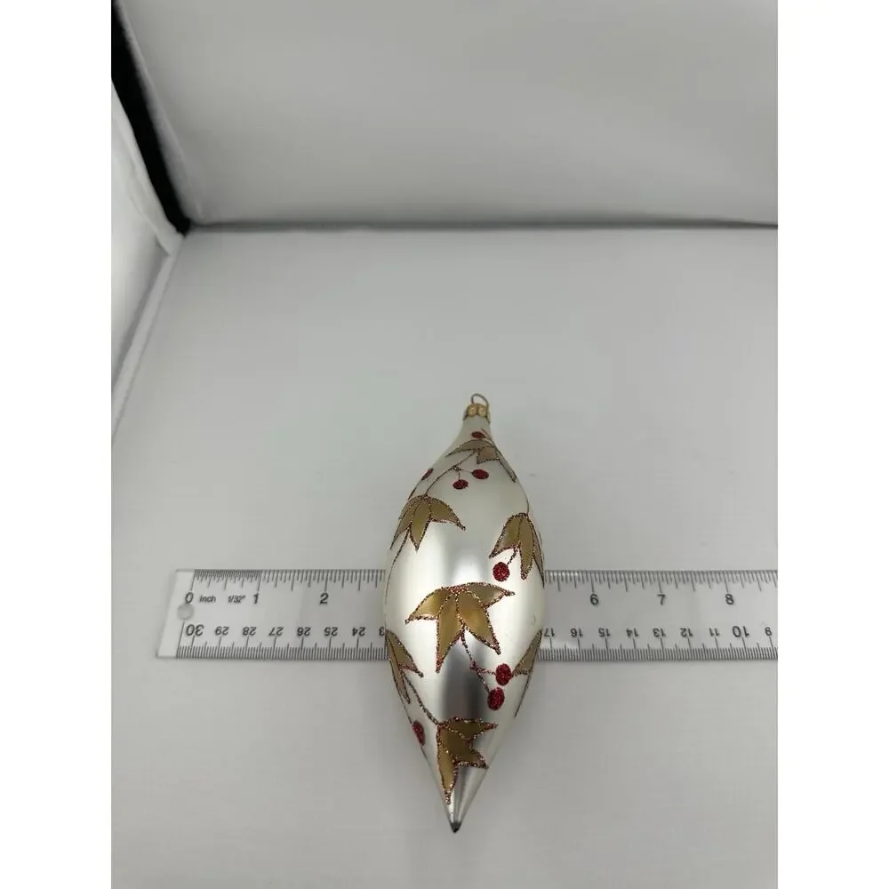 Vintage Hand Blown Glass Christmas Ornament Silver w/ Gold Leaves Berries 7" - Picture 5 of 5